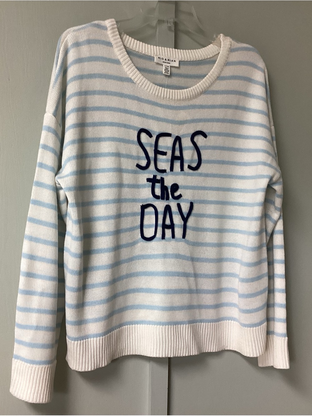 Seas the Day Striped Crewneck Sweater - Light Blue & White XL New